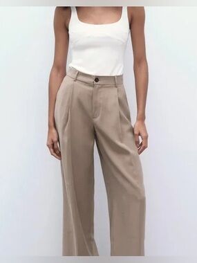 Zara Wide Leg Pleated Trousers - Beige / Taupe Modal Soft Touch Fabric- Size XL